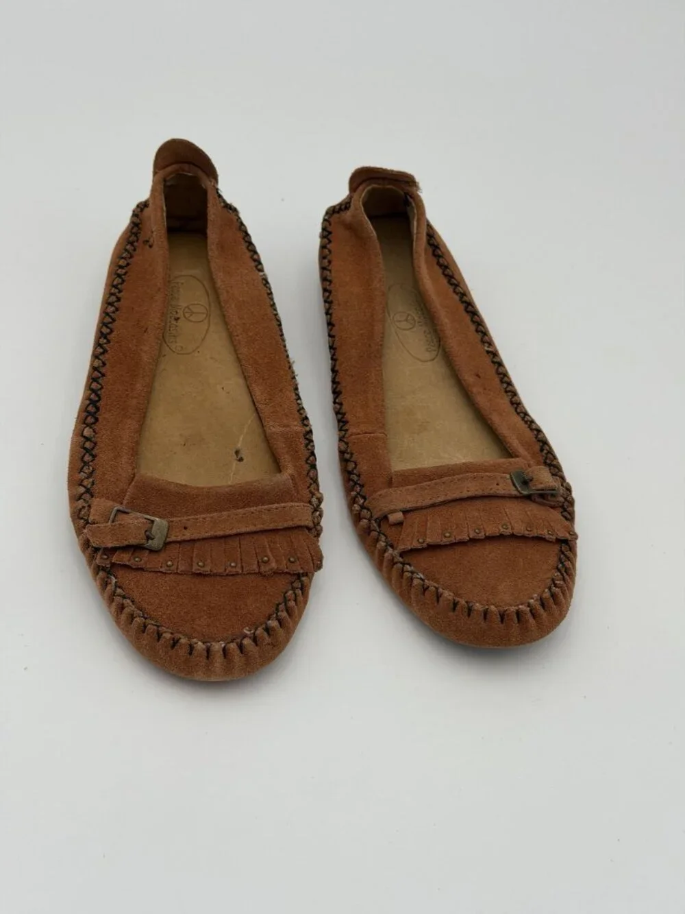 PEACE MOCS Moccasin Flats Womens Brown Suede‎ Fringe Buckle Boho Loafers SIZE 6